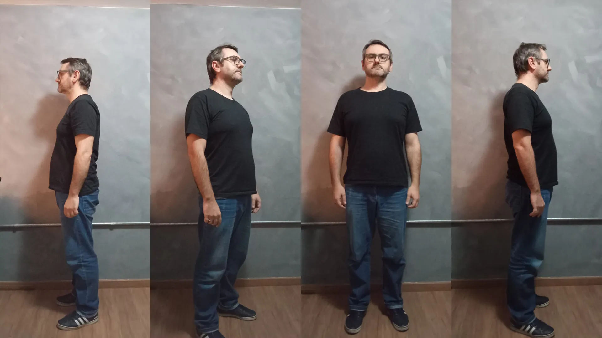 Fotos de referência de corpo inteiro do modelo em quatro ângulos.